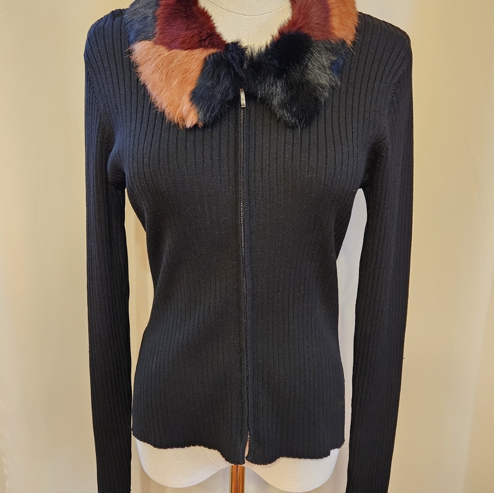 bebe Black Ribbed Cardigan with Multicolor Fur Collar